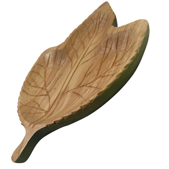 Vintage 1999 Clay Art Wooden Leaf Tray Hand Painted Avocado Green 9.5” x 7” - Picture 3 of 5